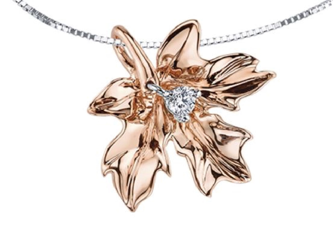 14kt rose and white gold MAPLE LEAF DIAMONDS pendant set with 1 x 0.08ct round brilliant cut CANADIAN diamond on a fine white gold box link chain