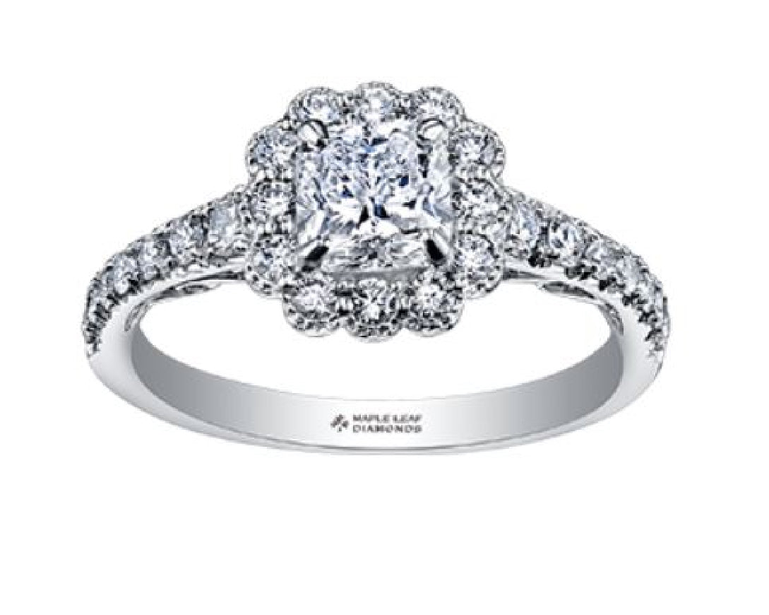 18Kt white gold MAPLE LEAF DIALMONDS 'Tides of Love' engagement ring set with 1x 0.50ct Canadian cushion cut diamond and 38 round brilliant cut diamonds=0.60ct total weight.
Total weight=1.10ct  