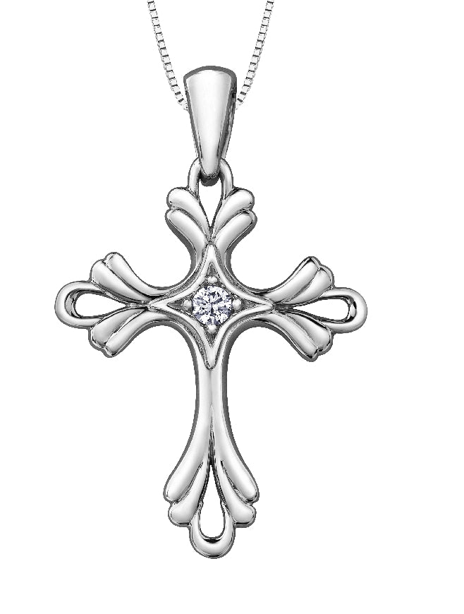 Lady's 10kt white gold 'Forever Jewellery' Cross pendant set with 1 x 0.05ct round brilliant cut CANADIAN diamond on a fine box link chain