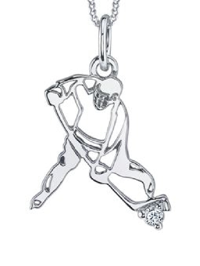 Lady's 10kt white gold 'Forever Jewellery' HOCKEY PLAYER pendant set with 1 x 0.02ct round brilliant cut CANADIAN diamond on a fine box link chain