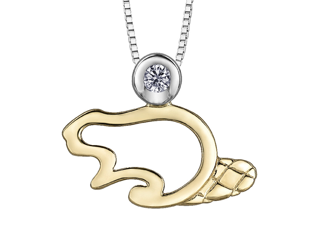 Lady's sterling silver & 10kt yellow gold 'Forever Jewellery' BEAVER pendant set with 1 x 0.05ct round brilliant cut CANADIAN diamond on a fine box link chain