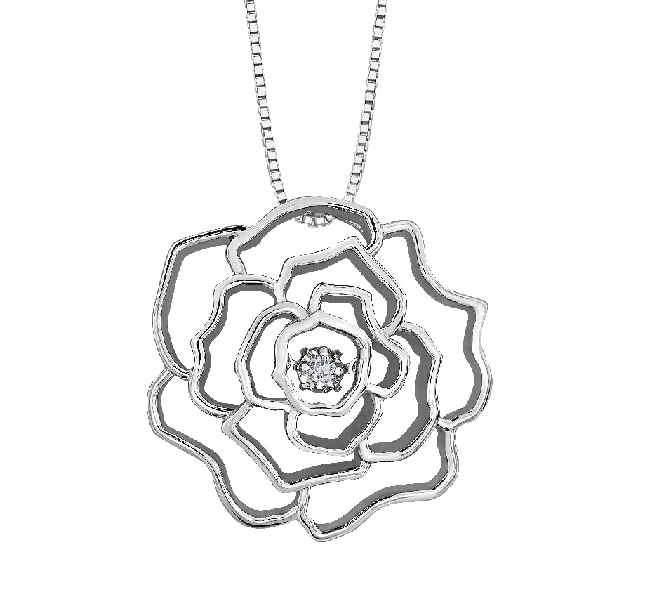 Lady's sterling silver 'Forever Jewellery' 'PULSE' floral pendant set with 1 x 0.03ct round brilliant cut CANADIAN diamond on a fine box link chain