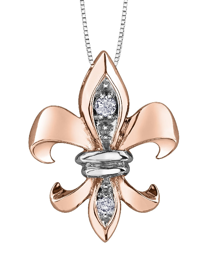 Lady's 10kt rose gold 'Forever Jewellery' Fleur de Lis pendant set with 1 x 0.03ct and 1 x 0.02ct round brilliant cut CANADIAN diamonds on a fine box link chain