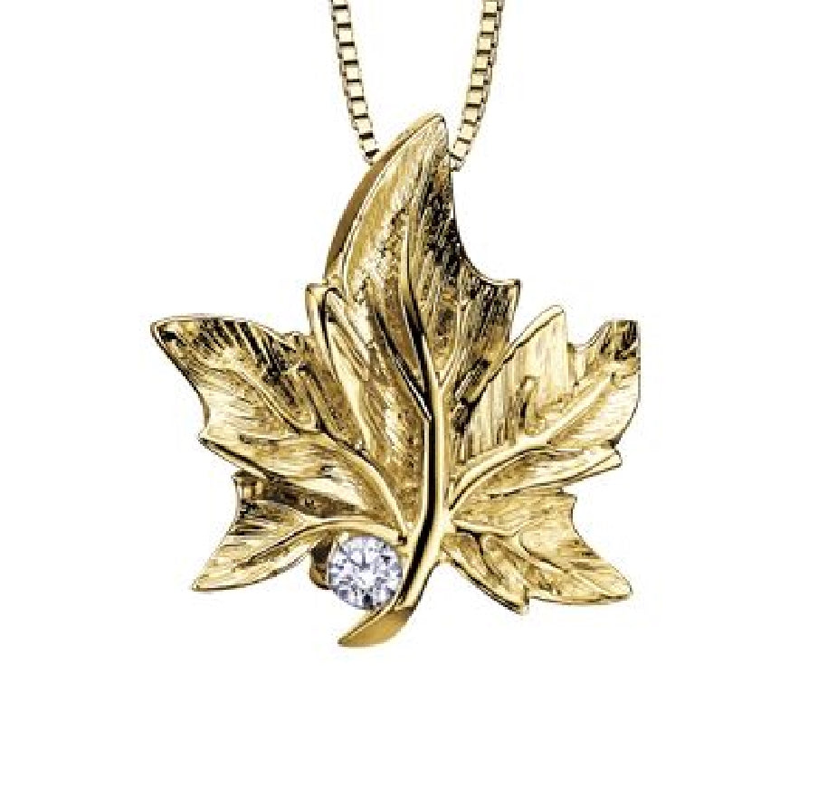 Lady's 10kt yellow gold 'Forever Jewellery' Maple Leaf pendant set with 1 x 0.04ct round brilliant cut CANADIAN diamond on a fine box link chain