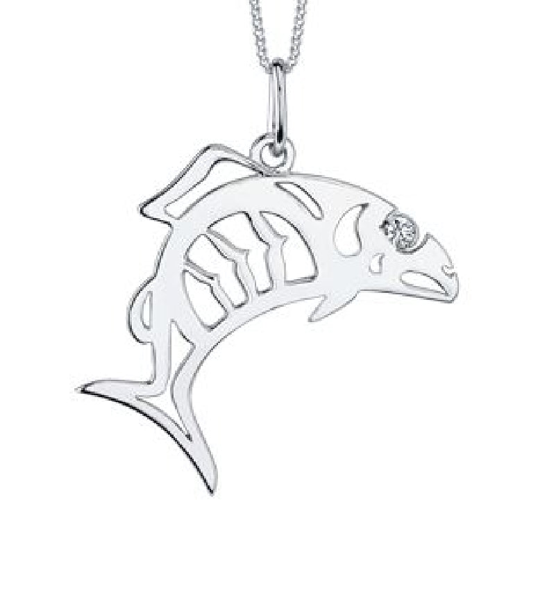 Lady's 10kt white gold 'Forever Jewellery' Fish pendant set with 1 x 0.02ct round brilliant cut CANADIAN diamond on a fine box link chain