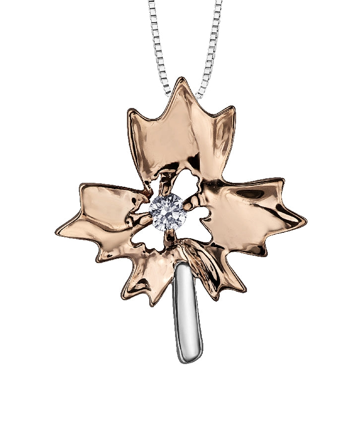 Lady's 10kt rose gold 'Forever Jewellery' Maple Leaf pendant set with 1 x 0.04ct round brilliant cut CANADIAN diamond on a fine box link chain