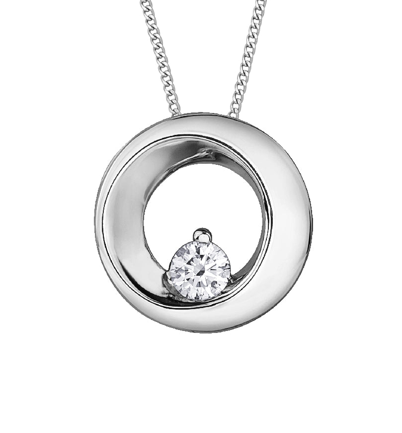 Lady's 10kt white gold 'Forever Jewellery' Circle pendant set with 1 x 0.11ct round brilliant cut CANADIAN diamond on a fine box link chain