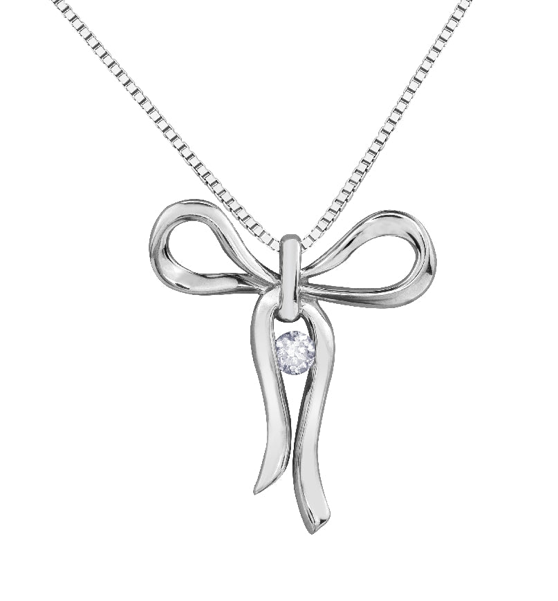 Lady's sterling silver 'Forever Jewellery' BOW pendant set with 1 x 0.13ct round brilliant cut CANADIAN diamond on a fine box link chain