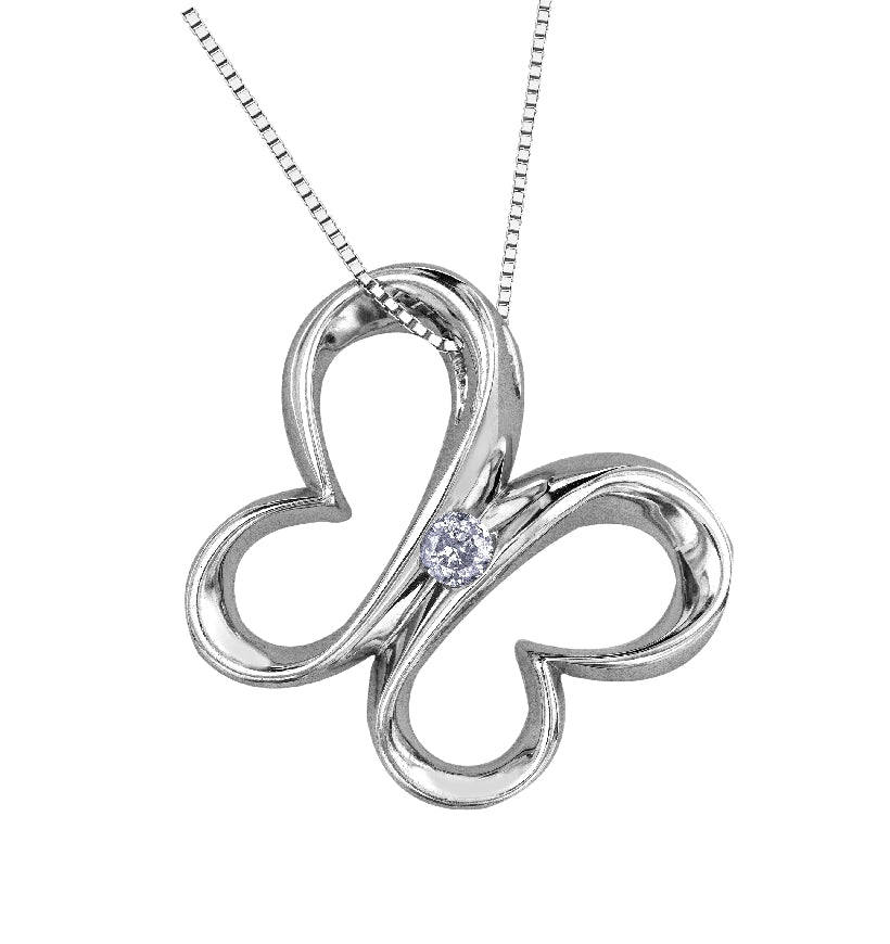 Lady's sterling silver 'Forever Jewellery' BUTTERFLY pendant set with 1 x 0.11ct round brilliant cut CANADIAN diamond on a fine box link chain