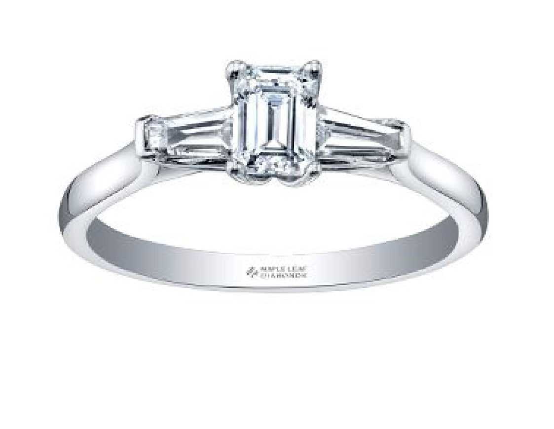 Lady's 18kt white gold MAPLE LEAF DIAMONDS engagement ring set with 1 x 0.51ct emerald cut CANADIAN diamond and 2 tapered baguette shaped diamonds = 0.22ct