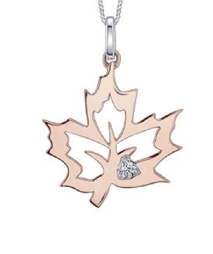 Lady's 10kt rose gold 'Forever Jewellery' MAPLE LEAF pendant set with 1 x 0.02ct round brilliant cut CANADIAN diamond on a fine box link chain