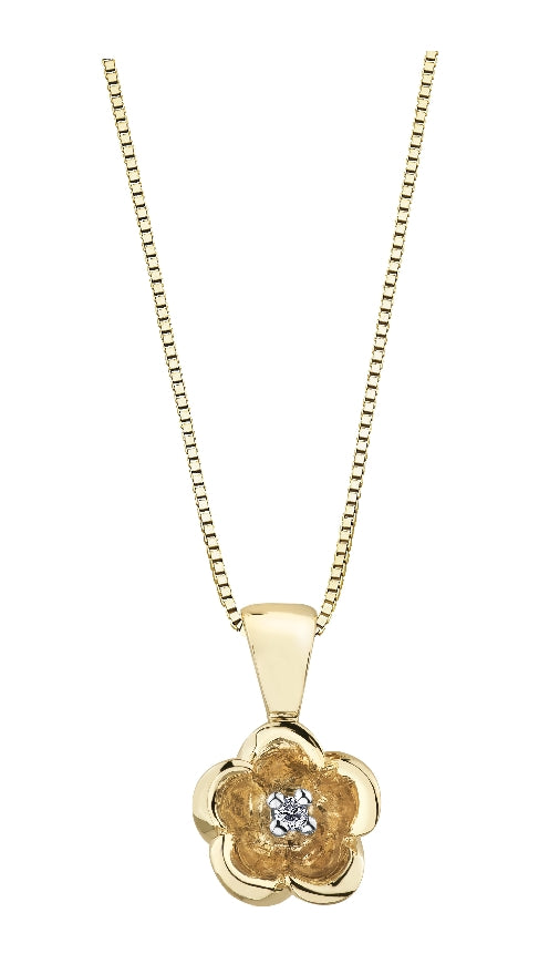 Lady's 10kt yellow gold 'Forever Jewellery' Flower pendant set with 1 x 0.01ct round brilliant cut CANADIAN diamond on a fine box link chain