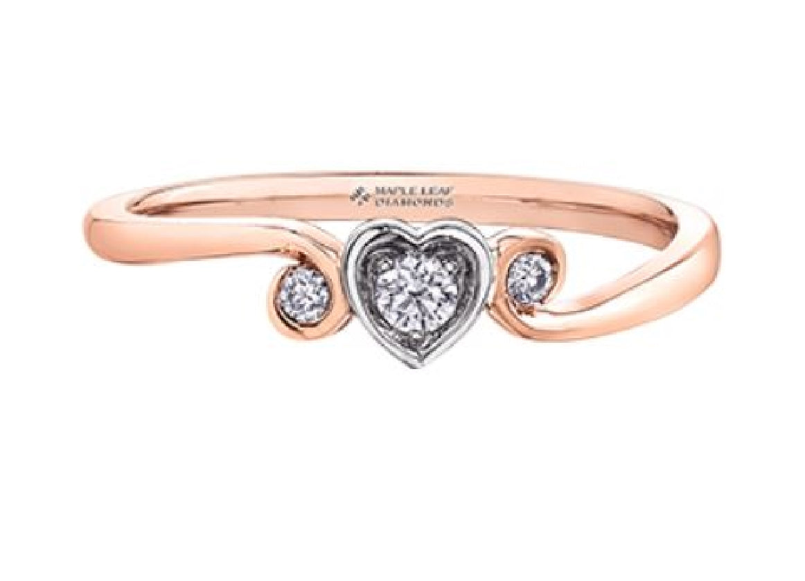 Lady's 10kt rose gold 'MAPLE LEAF DIAMONDS' Tides of Love dress ring set with 3 round brilliant cut CANADIAN diamonds=0.10ct total weight