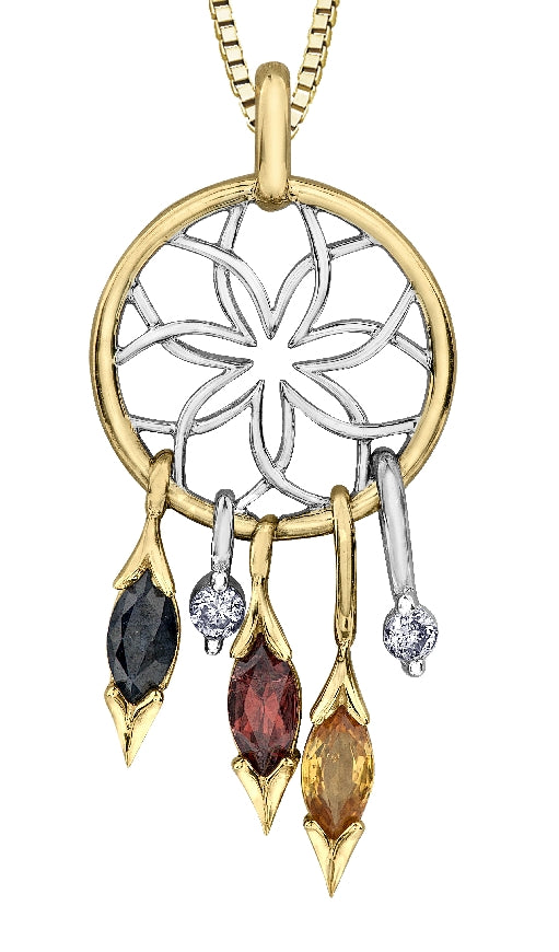 Lady's 10kt yellow & white gold 'Forever Jewellery' Dream Catcher pendant set with 2=0.06ct round brilliant cut CANADIAN diamonds one black sapphire, 1 garnet & 1 yellow sapphire on a fine box link chain in 18' length