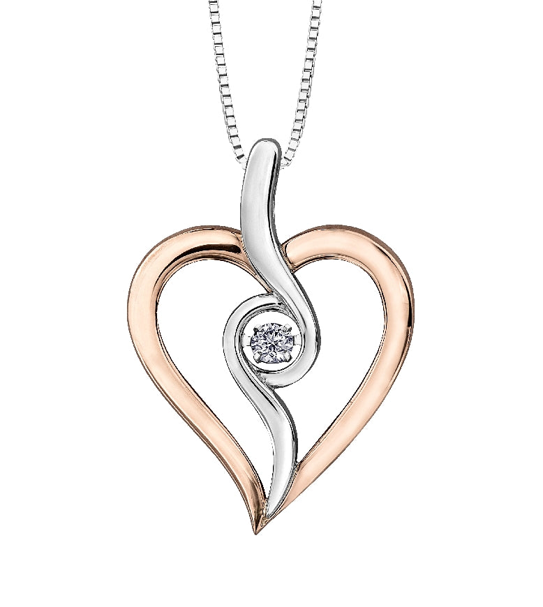 Lady's sterling silver & 10kt rose gold 'Forever Jewellery' PULSE heart pendant set with 1 x 0.10ct round brilliant cut CANADIAN diamond on a fine box link chain in 18' length