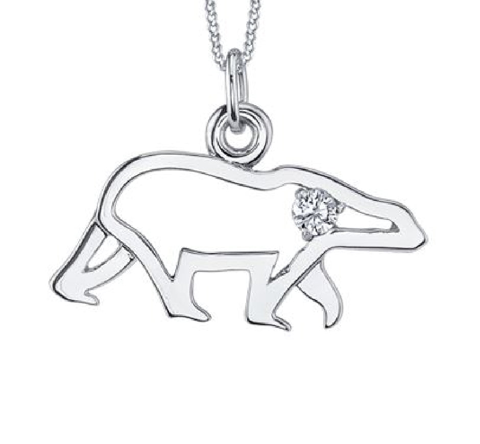 Lady's 10kt white gold 'Forever Jewellery' Polar bear pendant set with 1 x 0.06ct round brilliant cut CANADIAN diamond on a fine box link chain