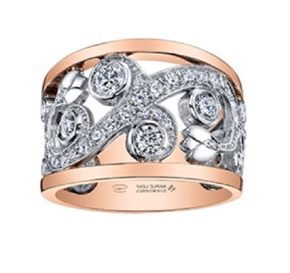 Lady's 14kt rose and white gold MAPLE LEAF DIAMONDS dress ring from the Shelly Purdy 'Seasons' collection set with 4 round brilliant cut CANADIAN diamonds = 0.39ct and 52 round brilliant cut  diamonds = 0.49ct
Total diamond weight = 0.88ct