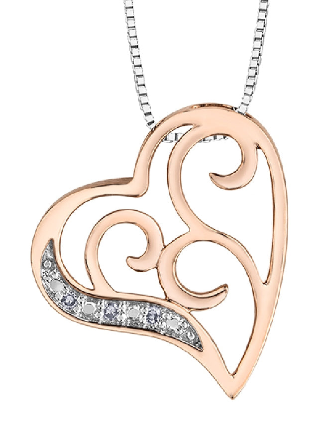 Lady's 10kt rose and white gold 'Forever Jewellery' heart pendant set with 3 single cut diamonds = 0.015ct on a fine box link chain