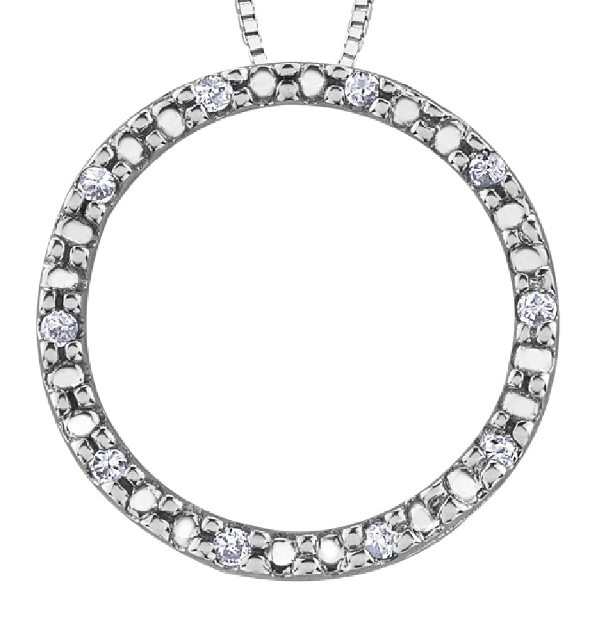 Lady's 10kt white gold 'Forever Jewellery' circle pendant set with 10 single cut diamonds = 0.05ct tw on a fine box link chain