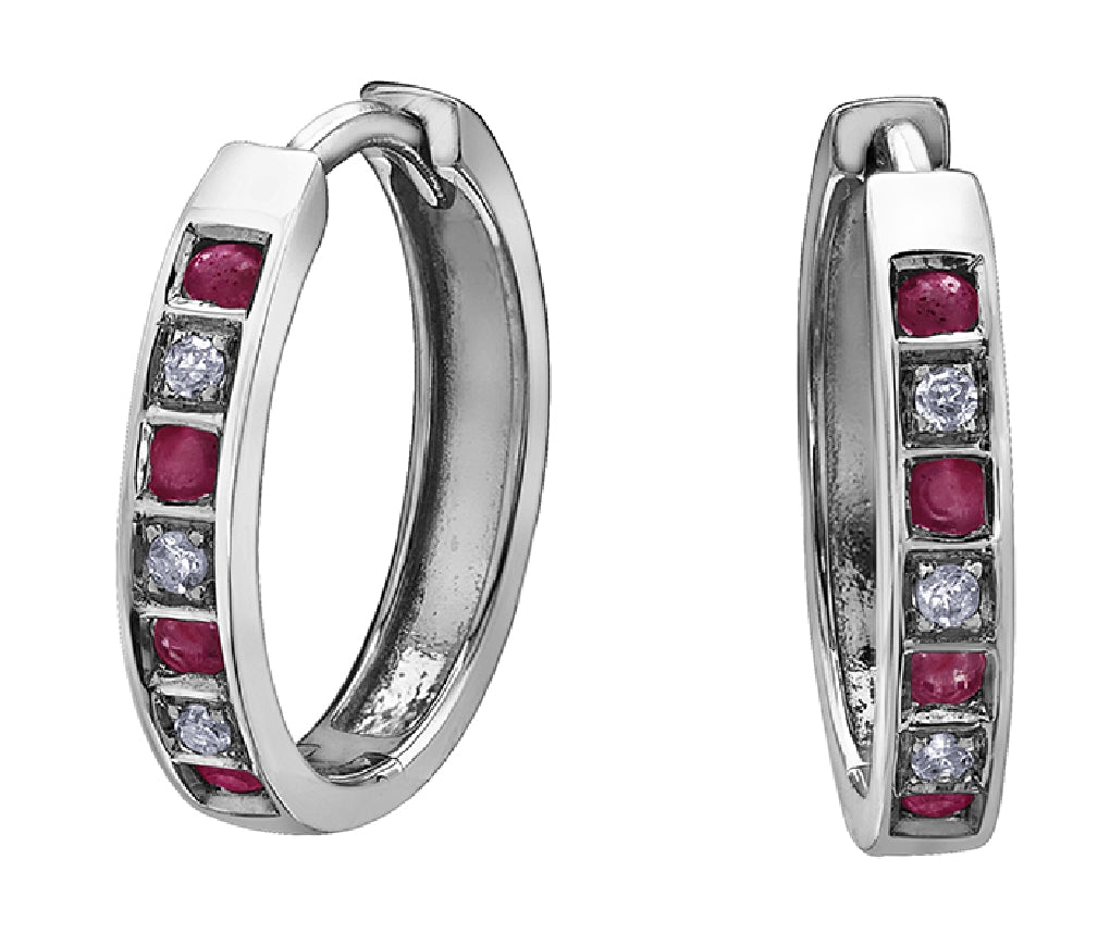 Lady's 10kt white gold 'Forever Jewellery' hoop earrings set with 8 genuine rubies and 6 single cut diamonds = 0.03ct tw