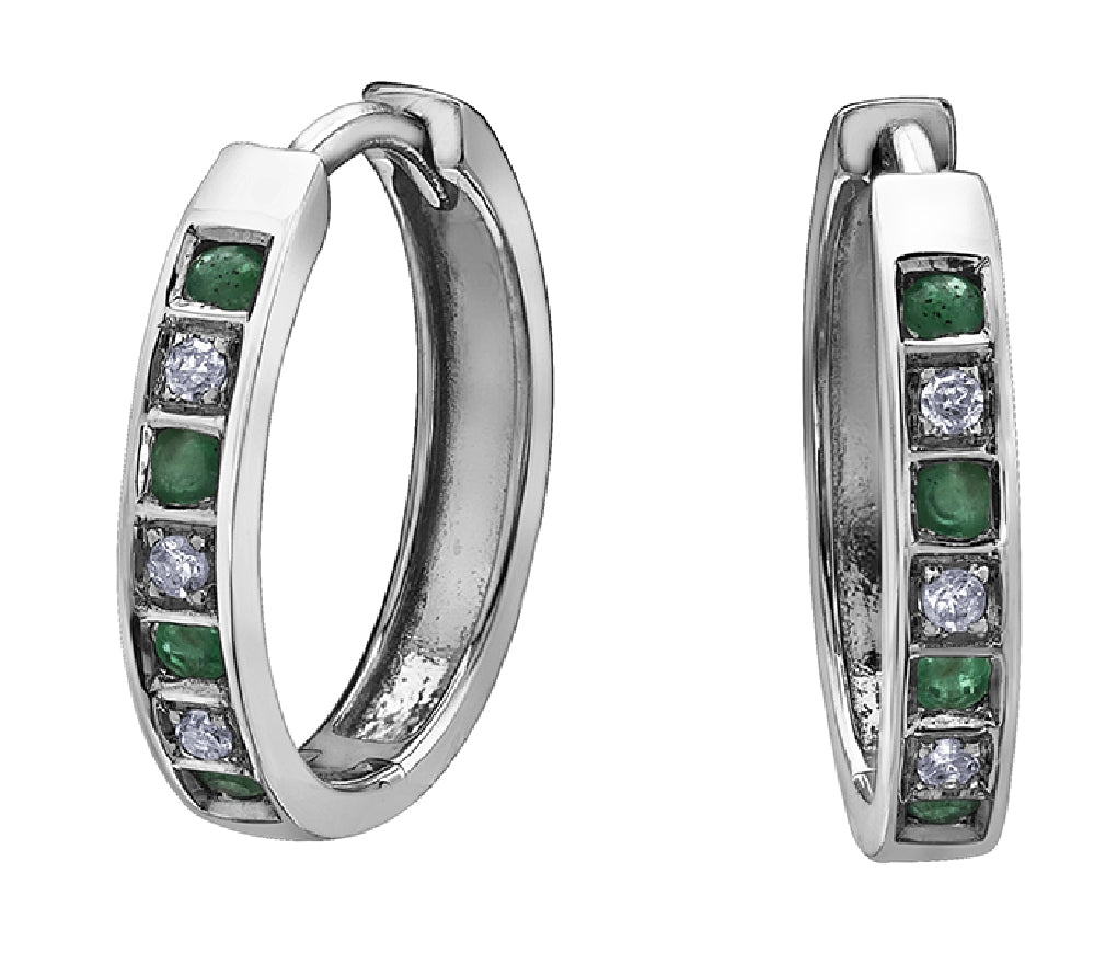 Lady's 10kt white gold 'Forever Jewellery' hoop earrings set with 8 genuine emeralds and 6 single cut diamonds = 0.03ct tw