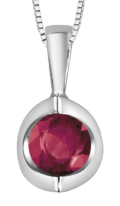 Lady's 10kt white gold 'Forever Jewellery' pendant set with one 4mm genuine ruby on a fine box link chain