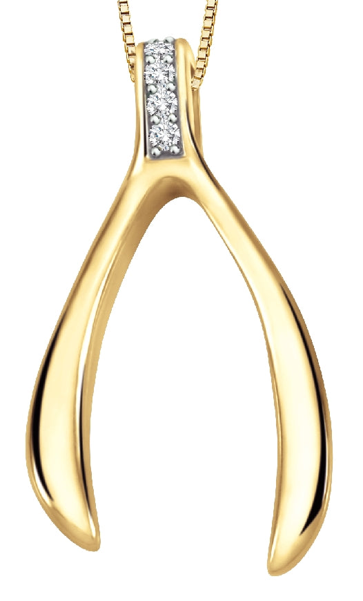 Lady's 10kt yellow gold 'Forever Jewellery' WISHBONE pendant set with 4 round brilliant cut diamonds = 0.02ct tw on a fine box link chain