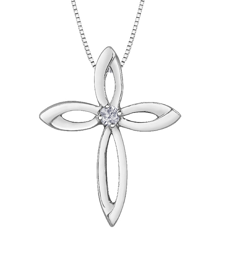 Lady's sterling silver 'Forever Jewellery' CROSS pendant set with 1 x 0.07ct round brilliant cut CANADIAN diamond on a box link chain in 18' length