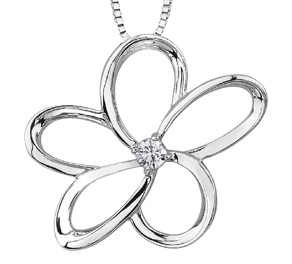 Lady's sterling silver 'Forever Jewellery' FLORAL pendant set with
1 x 0.12ct round brilliant cut CANADIAN diamond on a fine box link chain