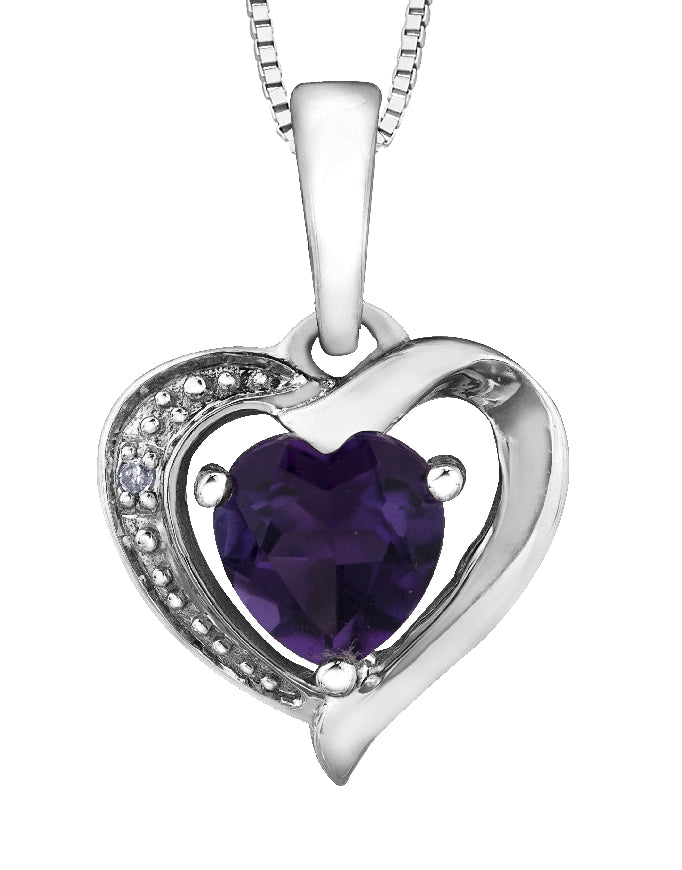 Lady's 10kt white gold 'Forever Jewellery' heart pendant set with 1 genuine amethyst and 1 x 0.005ct single cut diamond on a fine box link chain