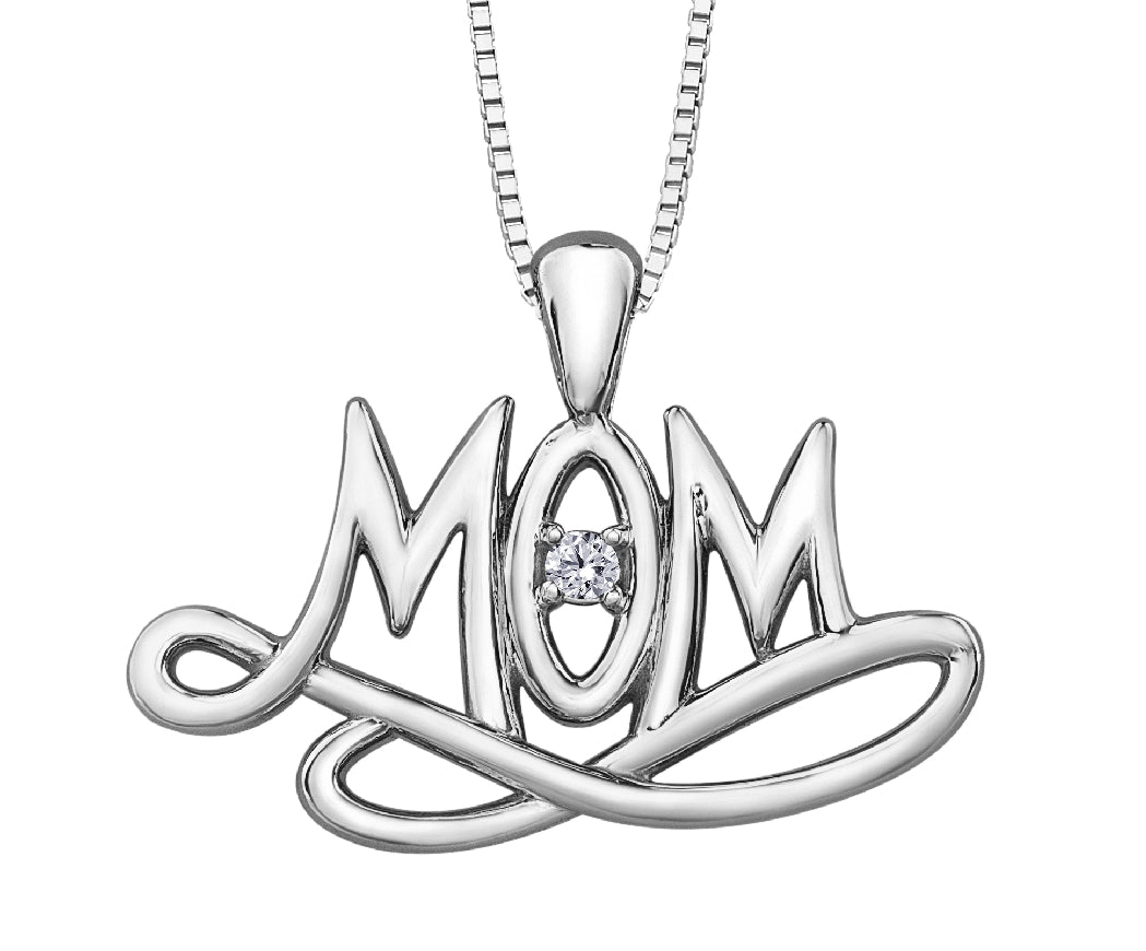 Lady's sterling silver 'Forever Jewellery' MOM pendant set with
1 x 0.02ct round brilliant cut CANADIAN diamond on a fine box link chain