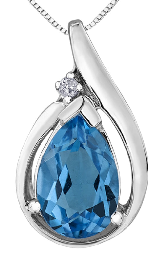 Lady's 10kt white gold 'Forever Jewellery' pendant set with one genuine blue topaz and 1 round brilliant cut diamond = 0.015ct on a fine box link chain