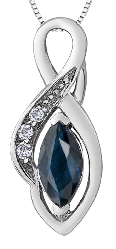 Lady's 10kt white gold 'Forever Jewellery' pendant set with one genuine blue sapphire and 3 round brilliant cut diamonds
= 0.01ct tw on a fine box link chain