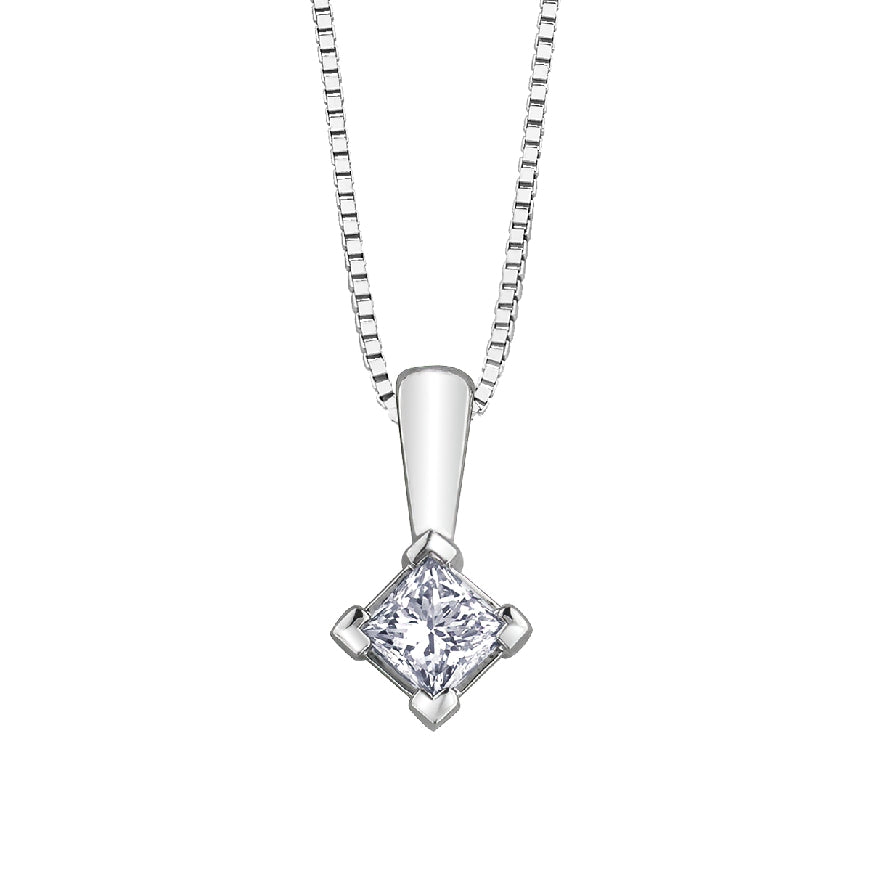 Lady's 10kt white gold 'Forever Jewellery' Solitaire pendant set with 1 x 0.12ct princess cut CANADIAN diamond on a fine box link chain