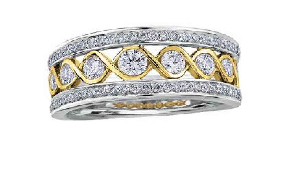 14kt white and yellow gold MAPLE LEAF DIAMONDS dress ring set with 7 round brilliant cut CANADIAN diamonds = 0.47ct and 54 round brilliant cut diamonds = 0.28ct
Total diamond weight = 0.75ct