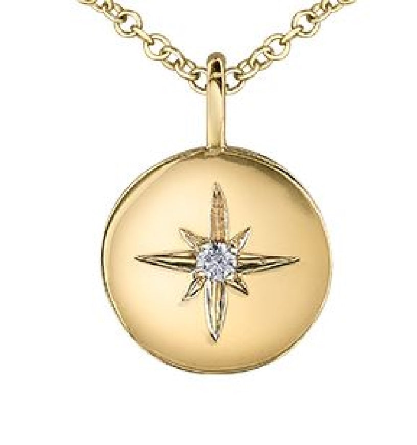 Lady's 10kt yellow gold MAPLE LEAF DIAMONDS pendant set with
1 x 0.02ct round brilliant cut CANADIAN diamond on a fine link chain