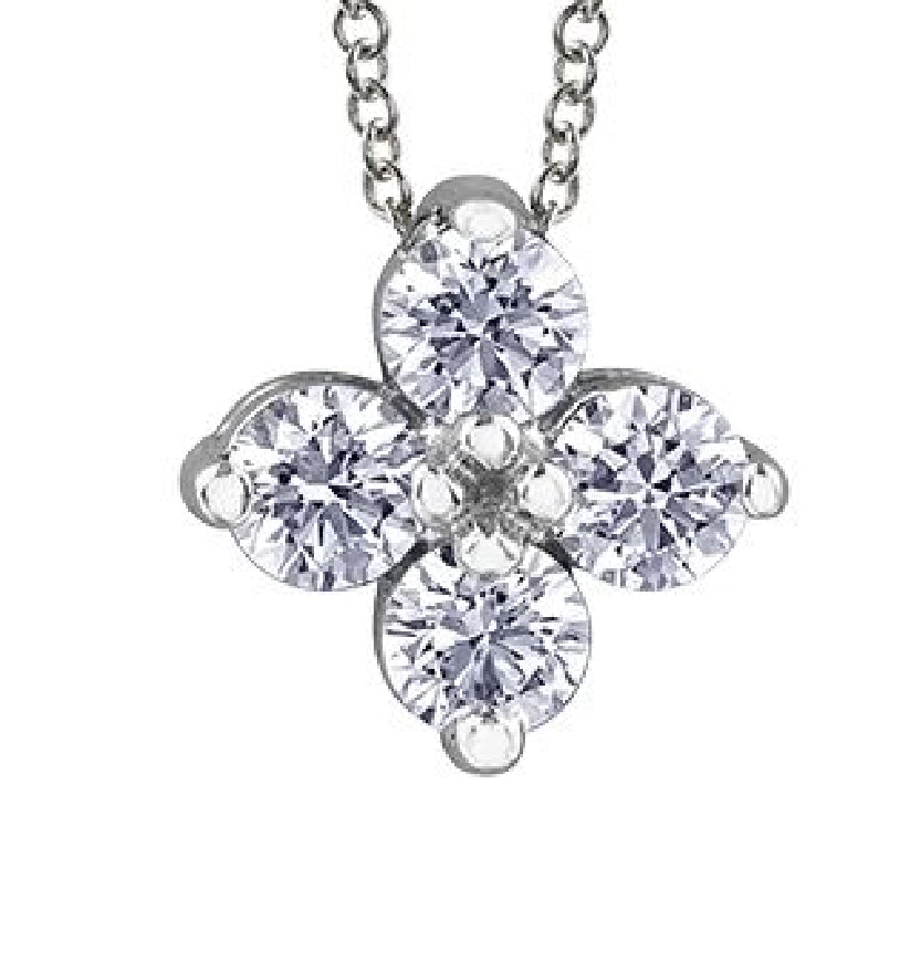 Lady's 14kt white gold MAPLE LEAF DIAMONDS pendant set with
4 round brilliant cut CANADIAN diamonds = 0.22ct tw on a fine link chain