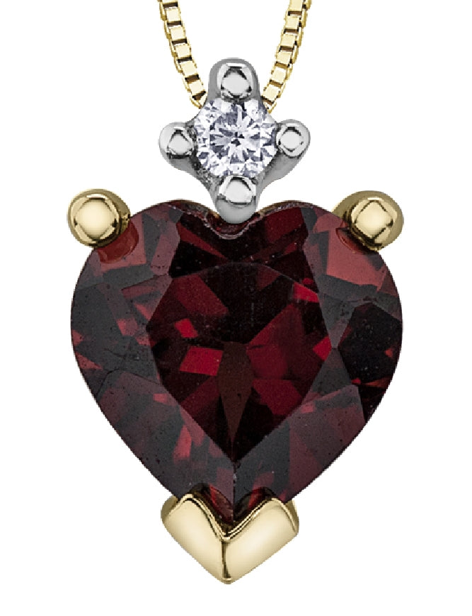 Lady's 10kt yellow gold 'Forever Jewellery' pendant set with one heart shaped genuine garnet and 1 x 0.01ct round brilliant cut diamond on a fine box link chain