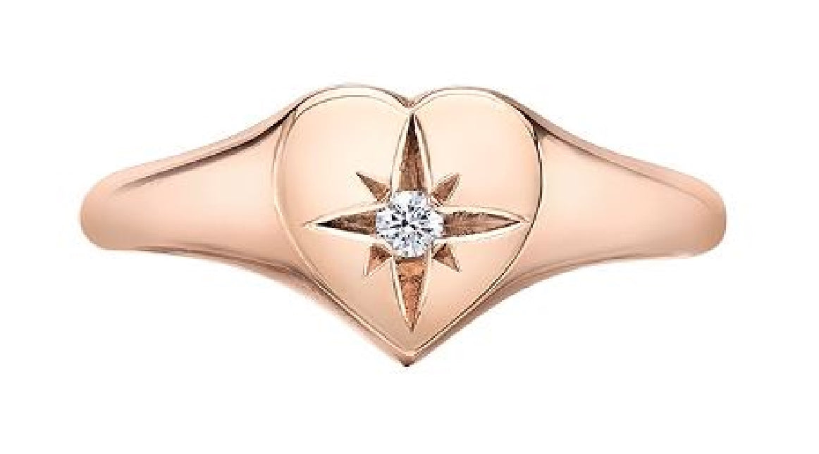 Lady's 10kt rose gold MAPLE LEAF DIAMONDS ring set with
1 x 0.03ct round brilliant cut CANADIAN diamond.