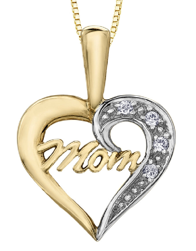 Lady's 10kt yellow gold 'Forever Jewellery' MOM heart pendant set with 4 single cut diamonds = 0.02ct tw on a fine box link chain