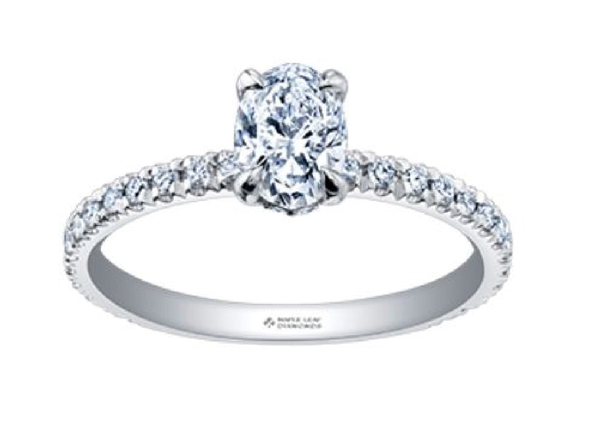 Lady's 18Kt white gold MAPLE LEAF DIAMONDS engagement ring set with 1x 0.71ct oval CANADIAN diamond and 36 round brilliant cut diamonds = 0.30ct total weight.
Total weight=1.01ct