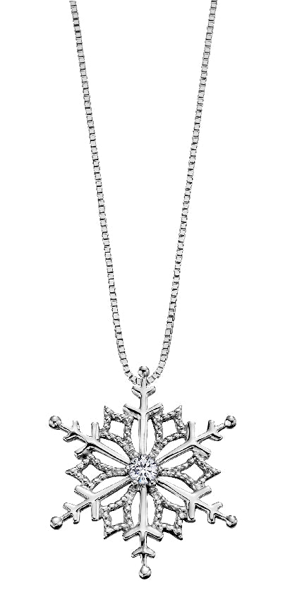 Lady's 10kt white gold 'Forever Jewellery' Snowflake pendant set with 1 x 0.05ct round brilliant cut CANADIAN diamond on a fine box link chain