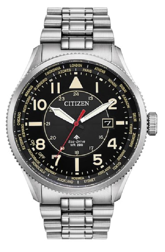 CITIZEN - Gents stainless steel ECO DRIVE 'PROMASTER NIGHTHAWK' watch with wold time and black face EX1010-53E