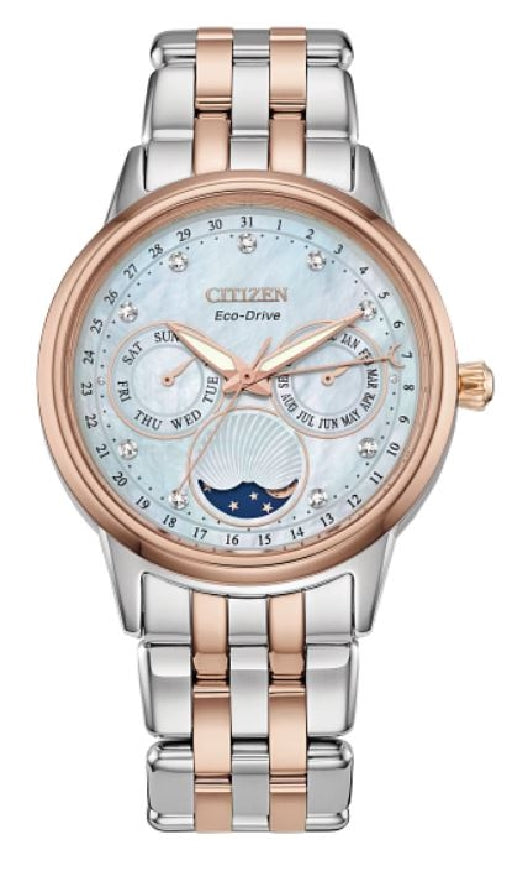 Lady's stainless steel & rose tone CITIZEN ECO-DRIVE Moon phase watch #FD0000-52N set with 9 diamonds