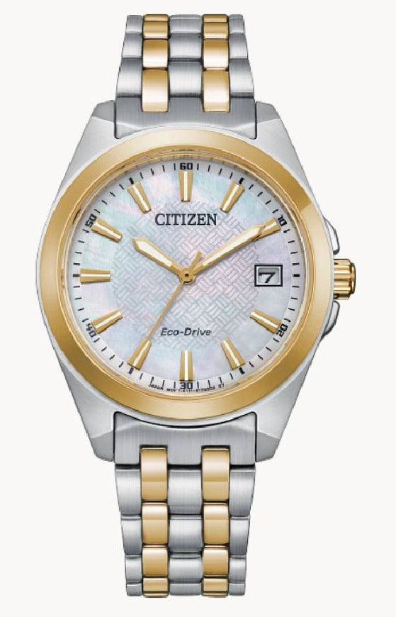 Lady's two tone CITIZEN Eco-Drive 'Corso' watch #EO1224-54D with sapphire crystal and mother-of-pearl dial