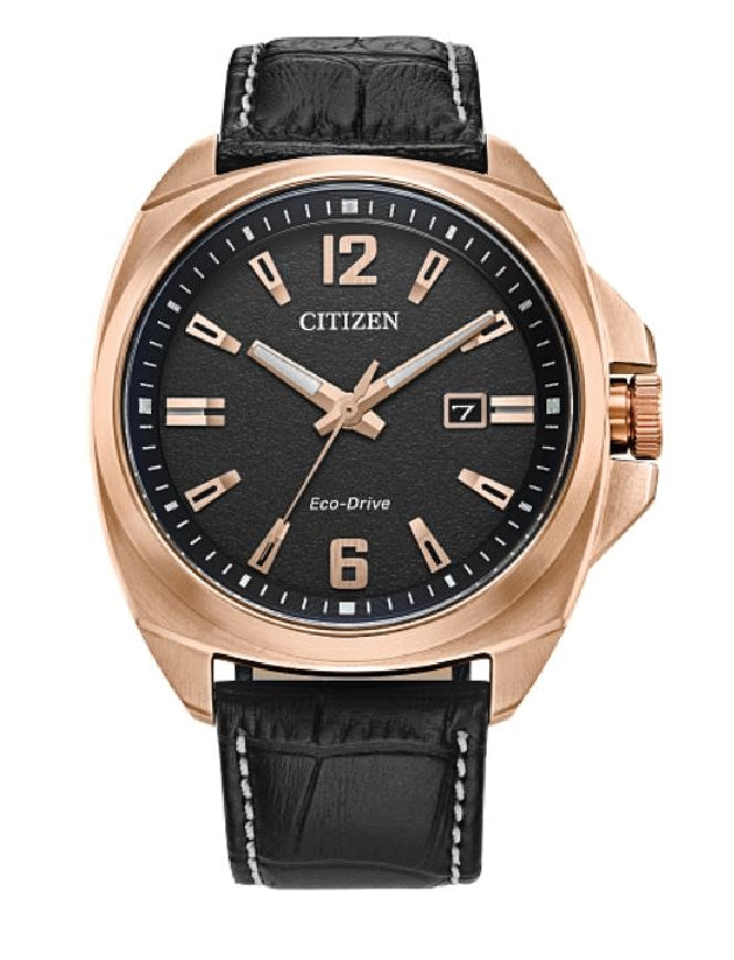 Gent's rose gold tone CITIZEN Eco-Drive 'SPORT LUXURY' watch
with black leather strap #AW1723-02E