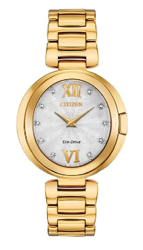 Lady's gold tone CITIZEN Eco-Drive 'Capello' watch #EX1512-53A set with 10 diamonds