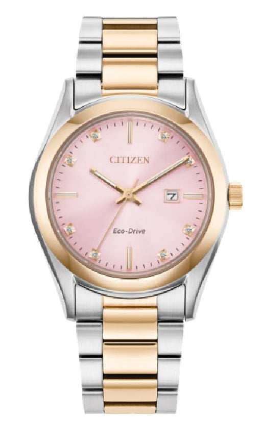 Lady's CITIZEN ECO-DRIVE 'Sport' two tone stainless steel watch with pink face and 8 diamonds and sapphire cyrstal 
EW2706-58X 