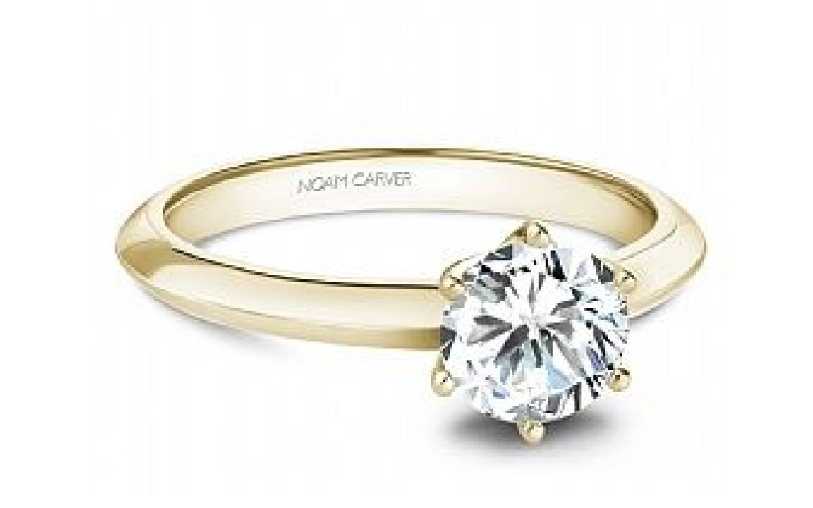 Lady's 18kt yellow gold NOAM CARVER Designer solitaire engagement ring set with 1 x 1.00ct round brilliant cut CZ
Ring size = 6.5