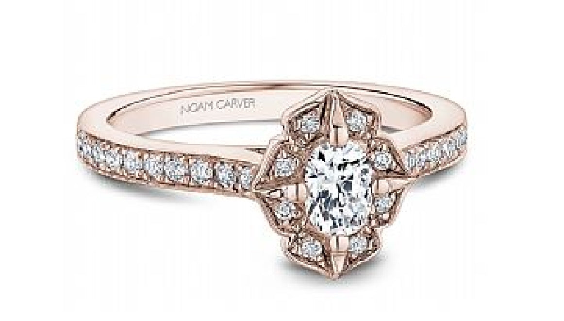 Lady's 14kt rose gold NOAM CARVER STUDIO engagement ring set with 1 x 0.33ct oval cut diamond and 28 round brilliant cut diamonds = 0.22ct tw
Ring size = 6.5